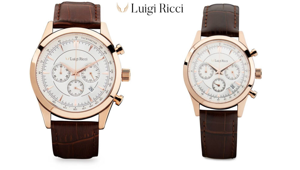 Gavesæt med Luigi Ricci Eleganza X10 & X11 (Armbånds ure til mænd & kvinder) med rosa guld og læder rem