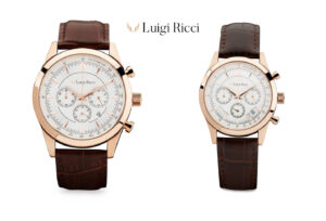 Gavesæt med Luigi Ricci Eleganza X10 & X11 (Armbånds ure til mænd & kvinder) med rosa guld og læder rem