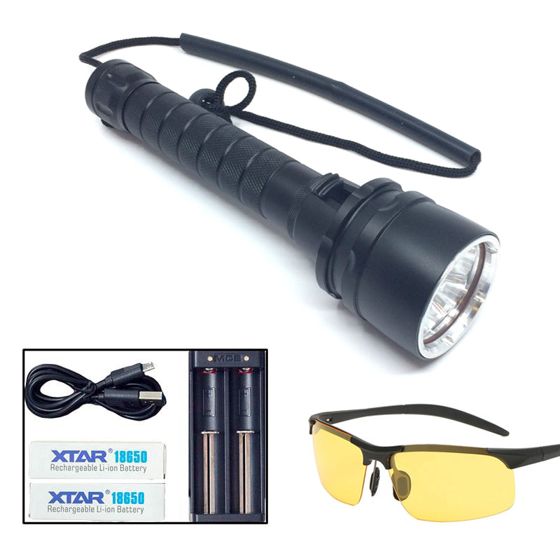Ravlygte: AmberExpert XLC5 | Kraftig UV-lygte 50 W - AmberExpert XLC5 med ravbrille - Med XTAR oplader, adapter og 2 batterier